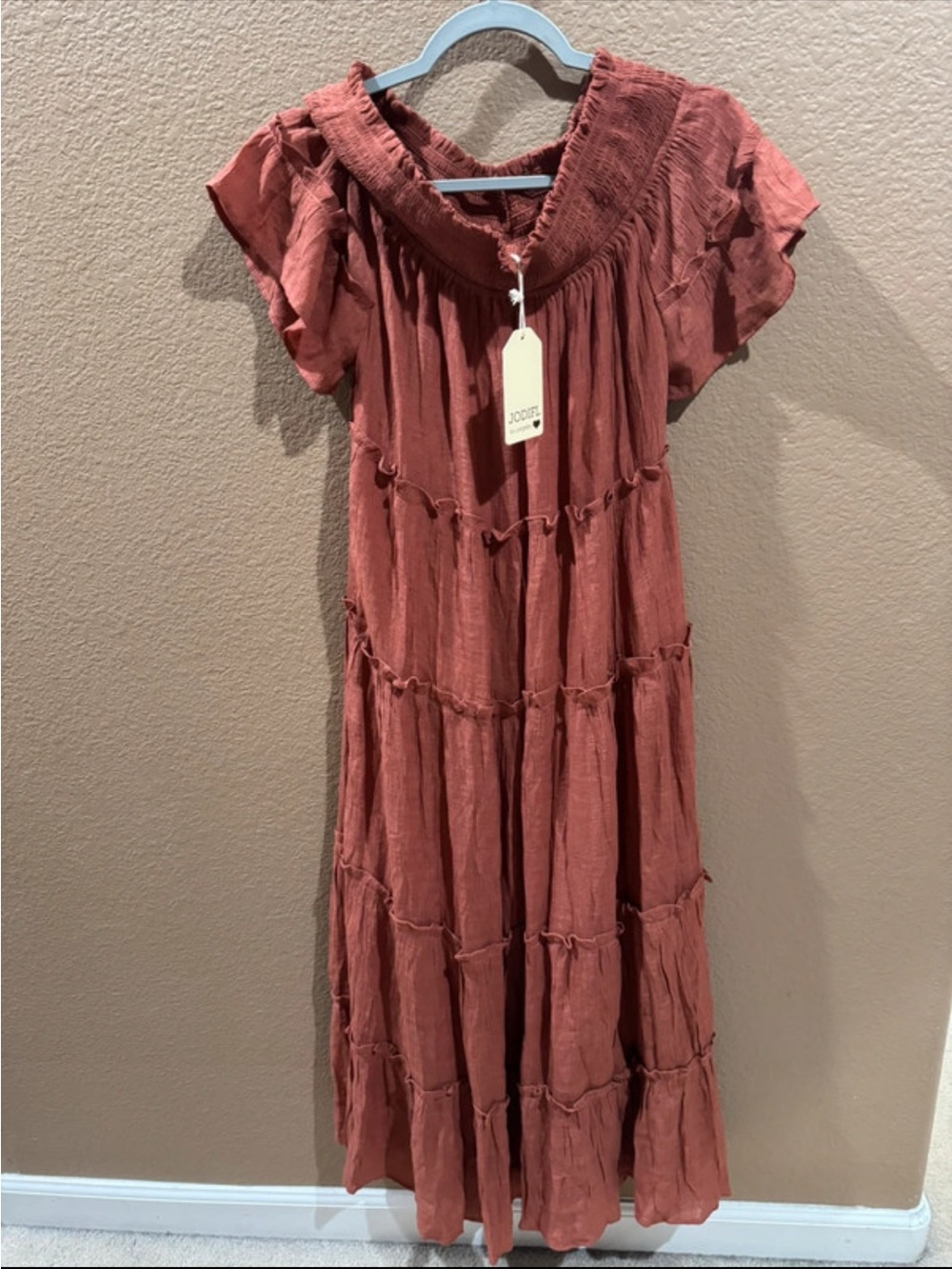 JODIFL Rust Tiered Maxi Dress with Flutter Sleeves